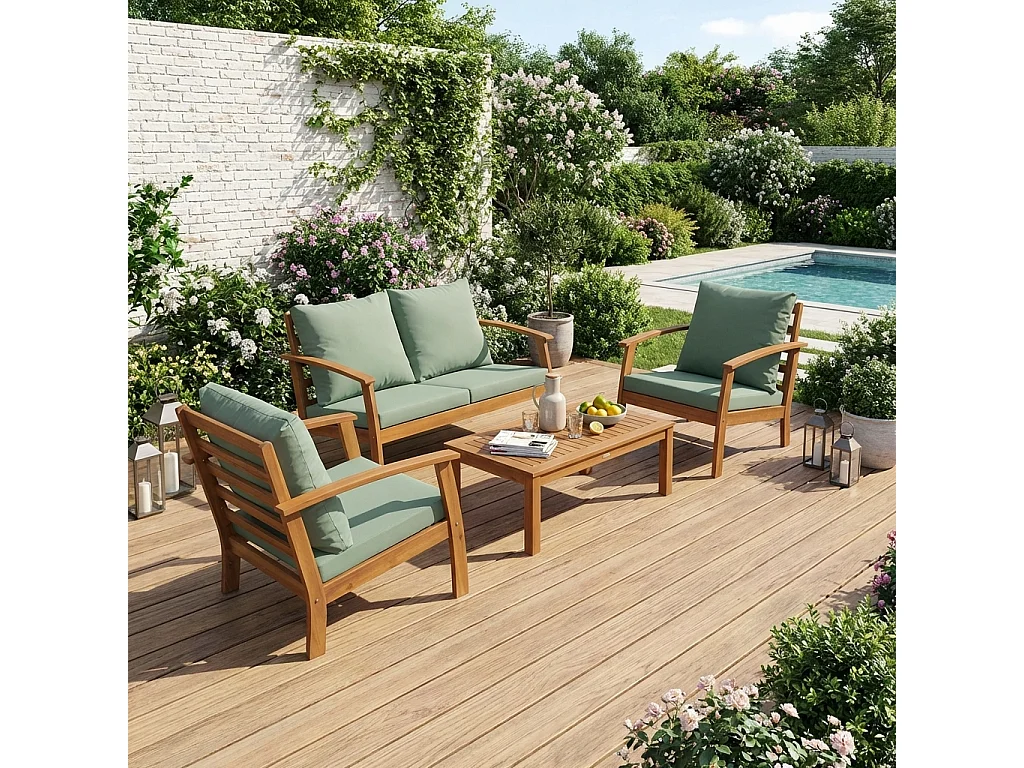 Salon de jardin en bois 4 places - Ushuaïa - Coussins vert de gris. canapé. fauteuils et table basse en acacia. design