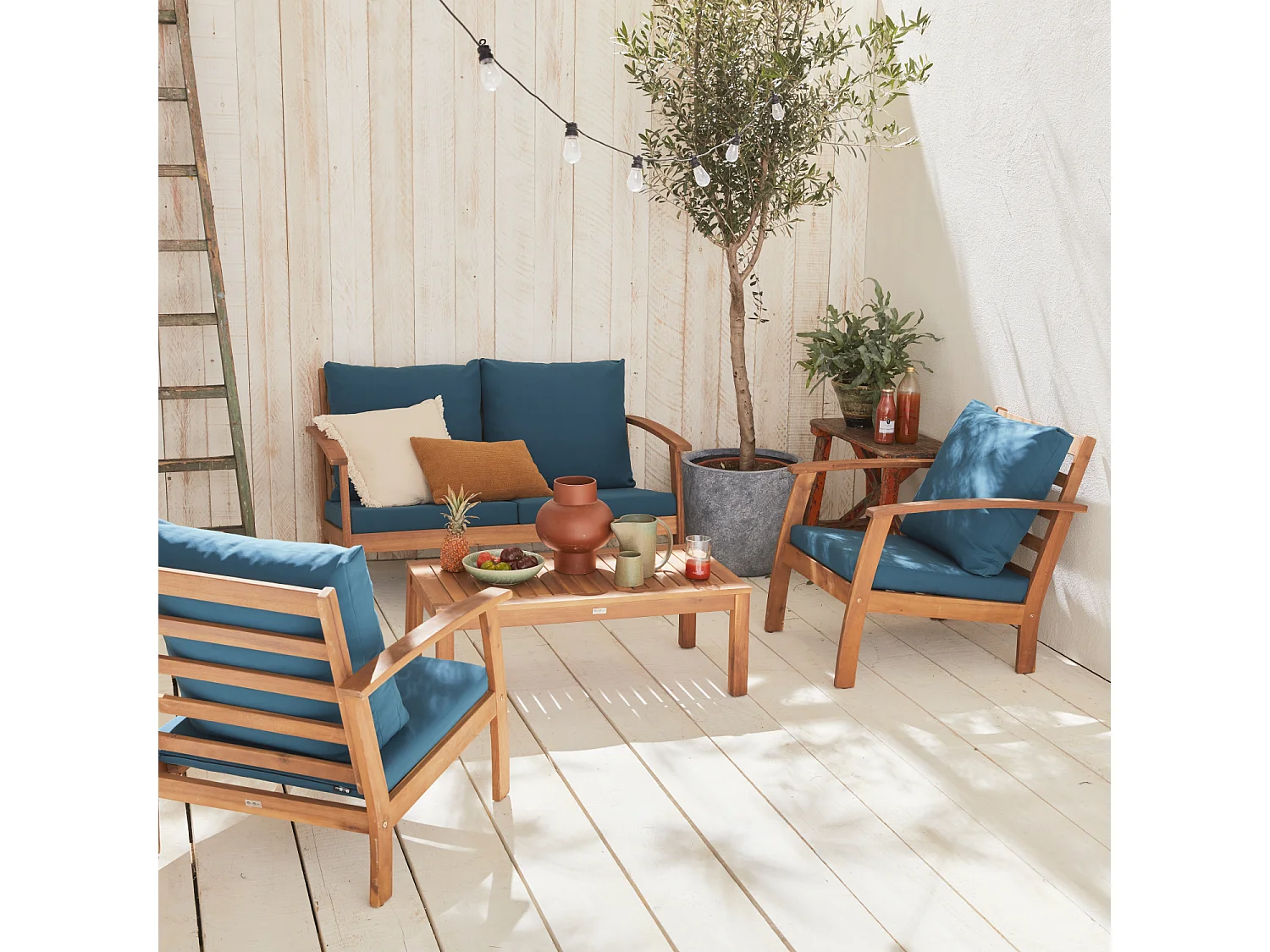 Salotto da giardino in legno a 4 posti, marrone naturale