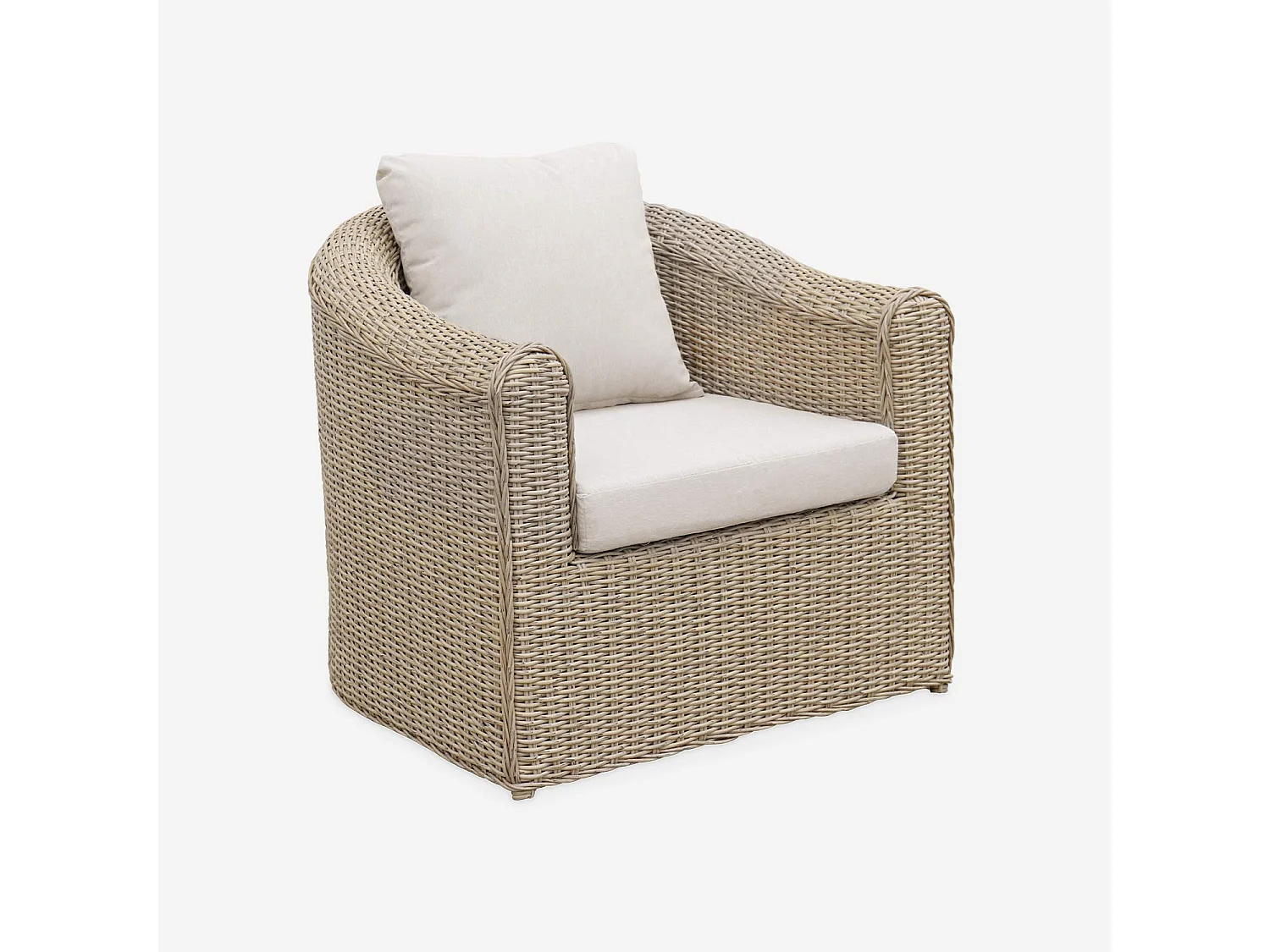 Salon de jardin en résine tressée arrondie 4 places - Valentino Naturel - Coussins beiges. canapé fauteuils table basse