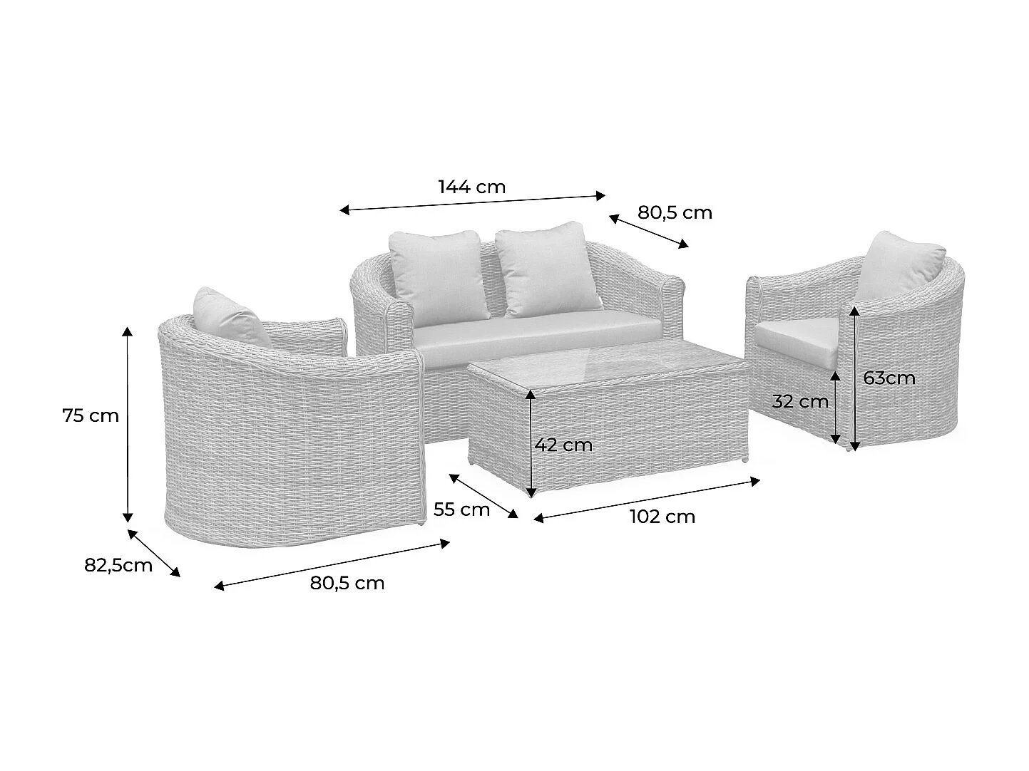 Salon de jardin en résine tressée arrondie 4 places - Valentino Naturel - Coussins beiges. canapé fauteuils table basse