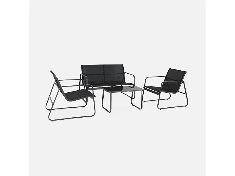 Salon de jardin en métal  et textilène pour 4 personnes. gris foncé et noir. design