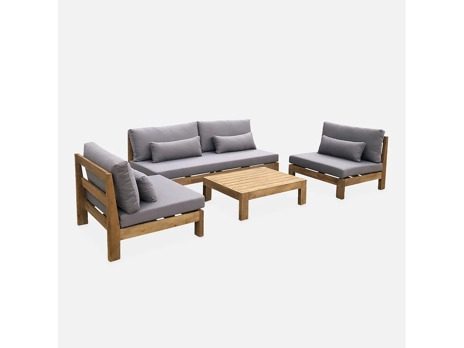 Salon de jardin XXL en bois brossé. effet blanchi – BAHIA – coussins anthracite. ultra confortable. 5 places