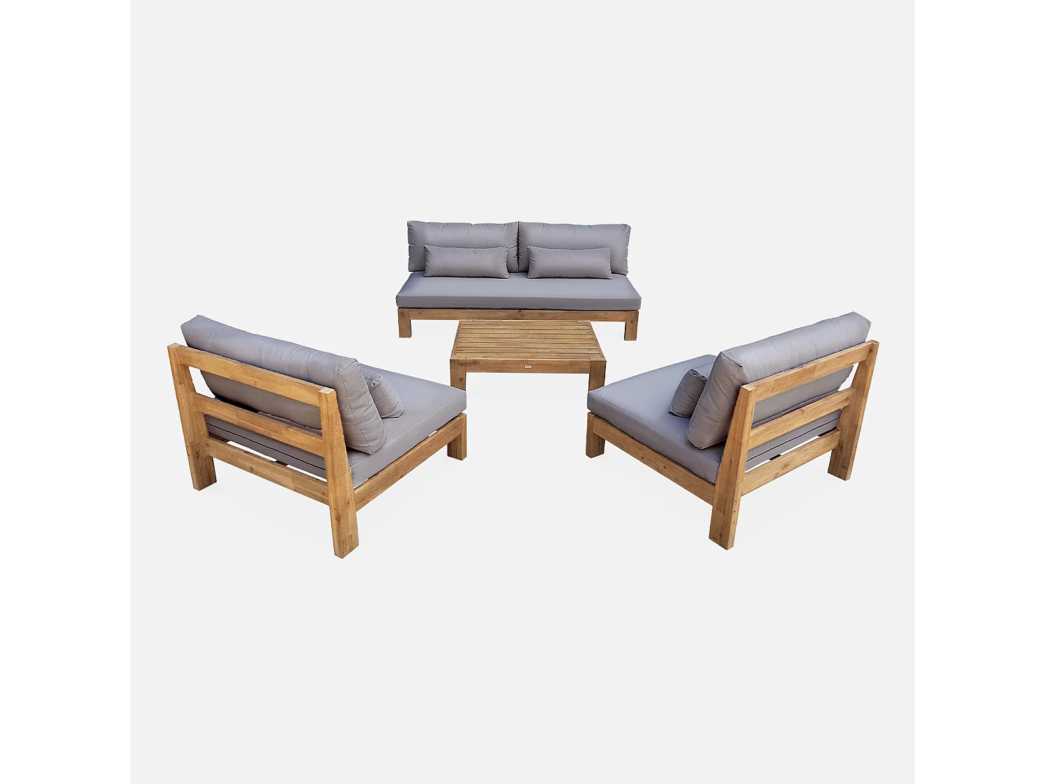 Salon de jardin XXL en bois brossé. effet blanchi – BAHIA – coussins anthracite. ultra confortable. 5 places