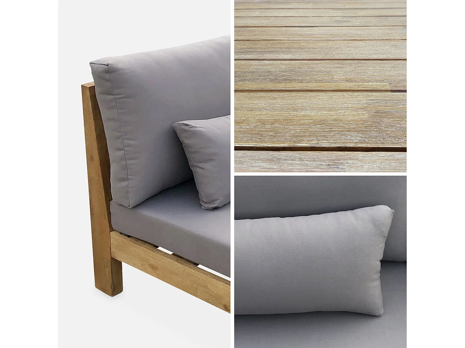 Salon de jardin XXL en bois brossé. effet blanchi – BAHIA – coussins anthracite. ultra confortable. 5 places