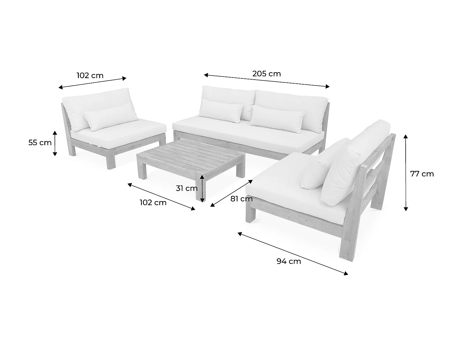 Salon de jardin XXL en bois brossé. effet blanchi – BAHIA – coussins anthracite. ultra confortable. 5 places