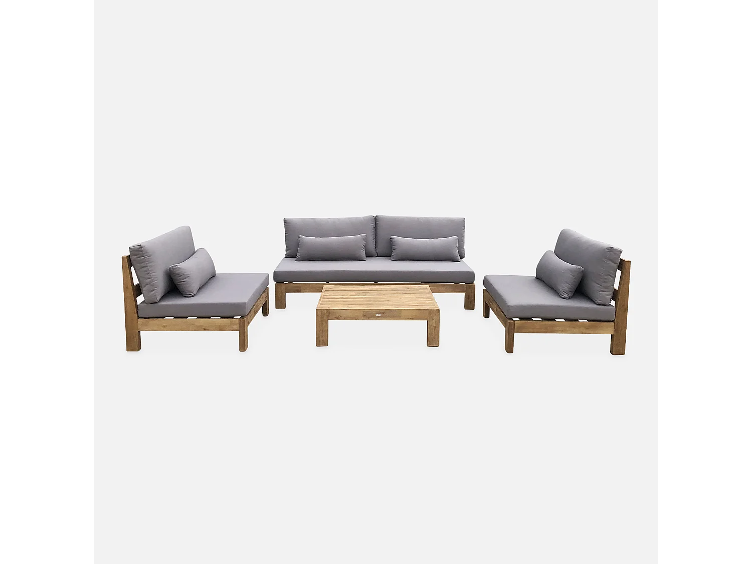 Salon de jardin XXL en bois brossé. effet blanchi – BAHIA – coussins anthracite. ultra confortable. 5 places
