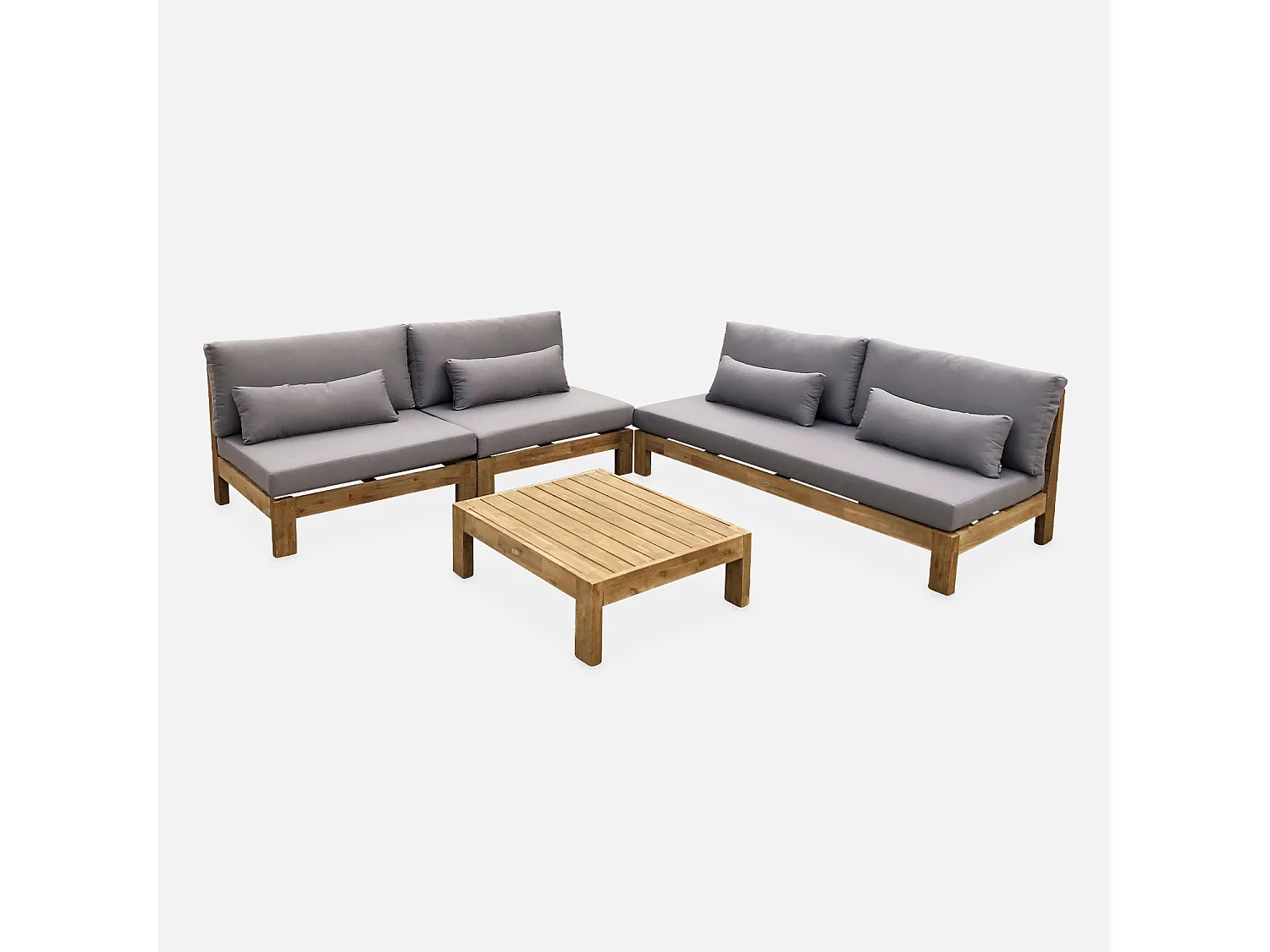 Salon de jardin XXL en bois brossé. effet blanchi – BAHIA – coussins anthracite. ultra confortable. 5 places