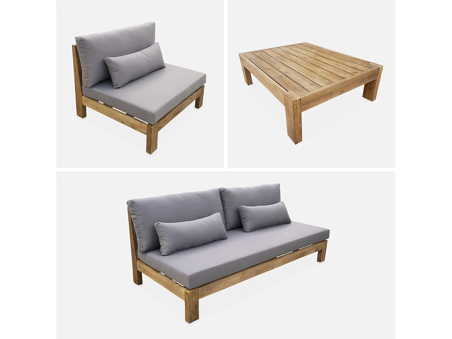 Salon de jardin XXL en bois brossé. effet blanchi – BAHIA – coussins anthracite. ultra confortable. 5 places
