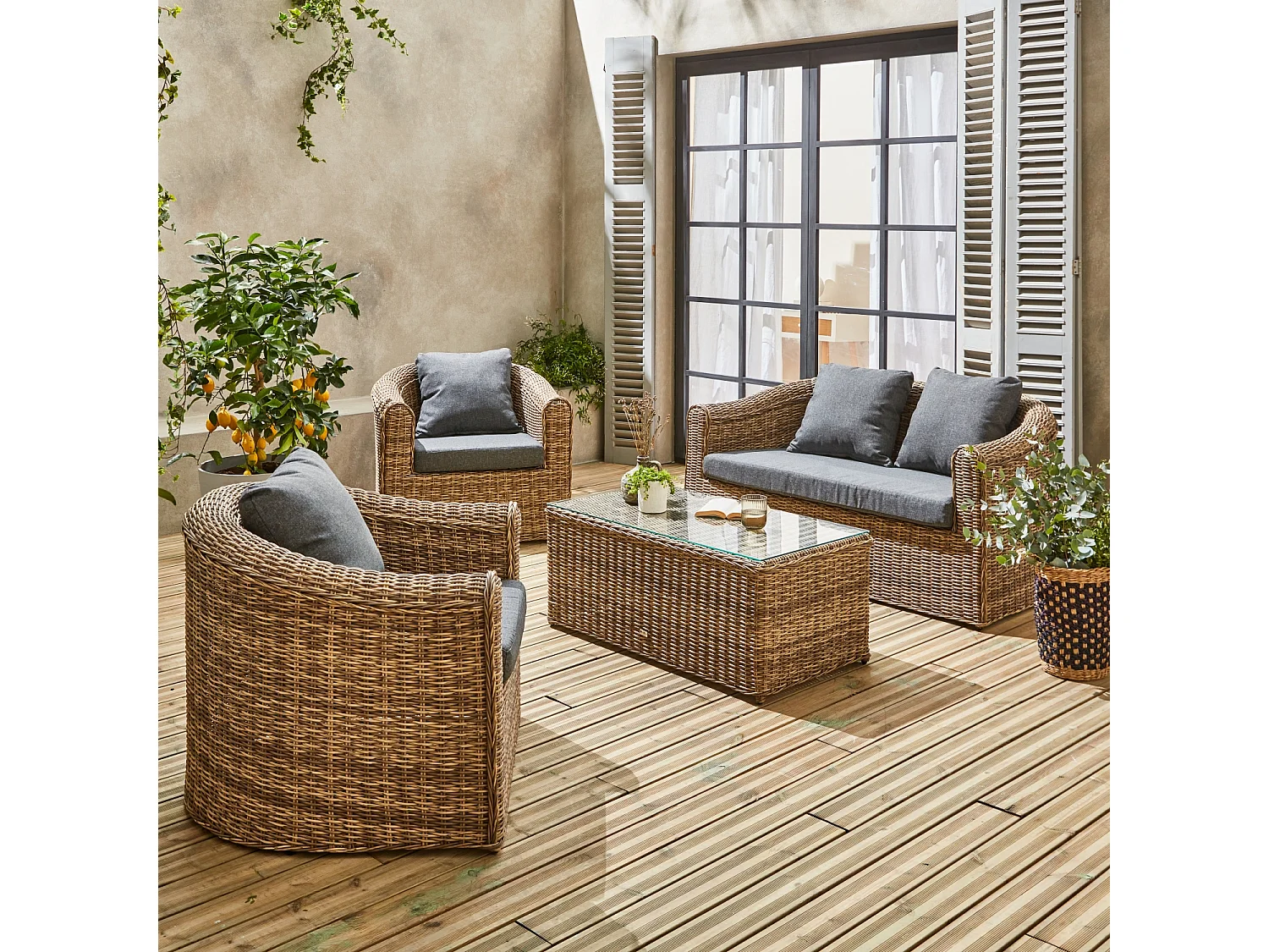 Salotto da giardino in resina intrecciata, 4 posti, beige