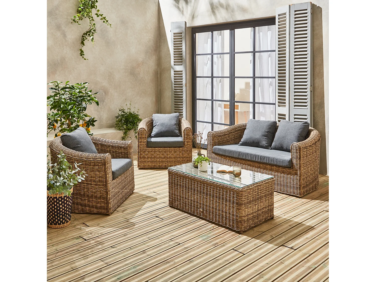 Salotto da giardino in resina intrecciata, 4 posti, beige