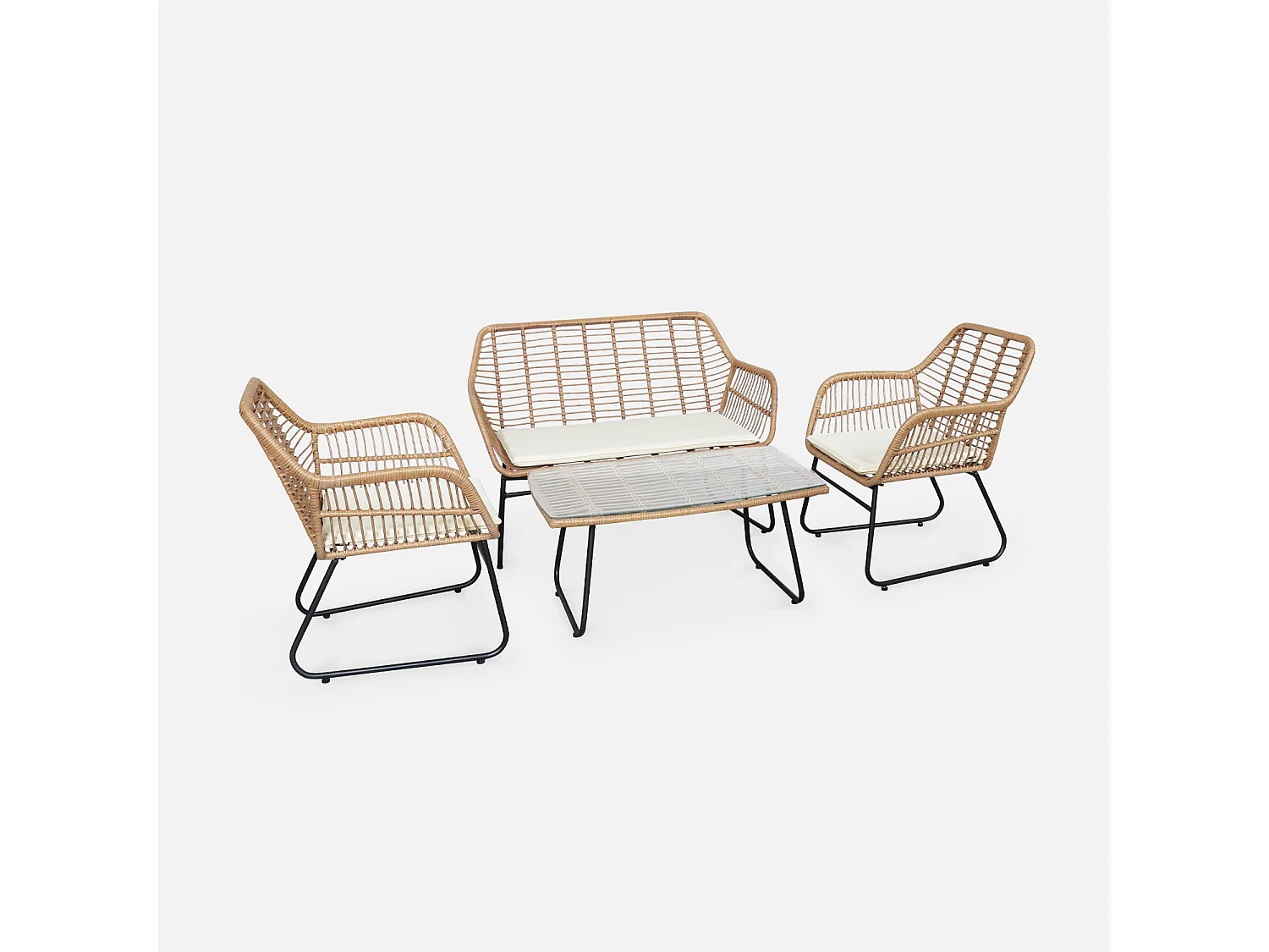 Salon de jardin 4 personnes – résine effet rotin et structure en métal noir – NATUNA - style colonial. bi-matière