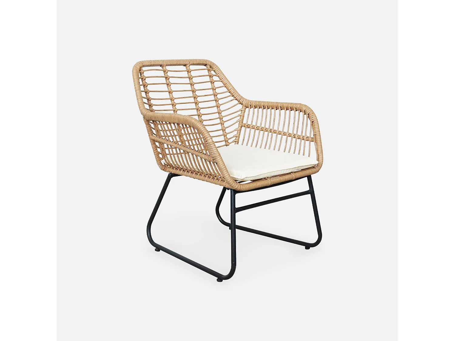 Salon de jardin 4 personnes – résine effet rotin et structure en métal noir – NATUNA - style colonial. bi-matière