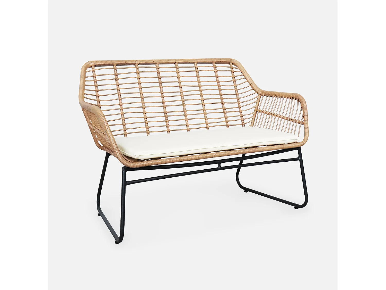 Salon de jardin 4 personnes – résine effet rotin et structure en métal noir – NATUNA - style colonial. bi-matière