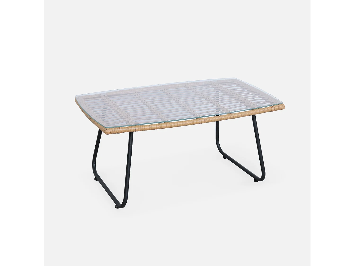 Salon de jardin 4 personnes – résine effet rotin et structure en métal noir – NATUNA - style colonial. bi-matière