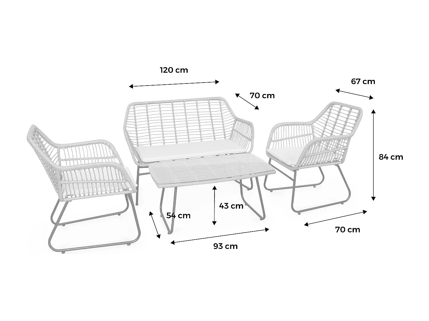 Salon de jardin 4 personnes – résine effet rotin et structure en métal noir – NATUNA - style colonial. bi-matière