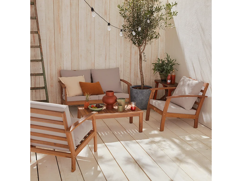 Salotto da giardino in legno a 4 posti, marrone naturale