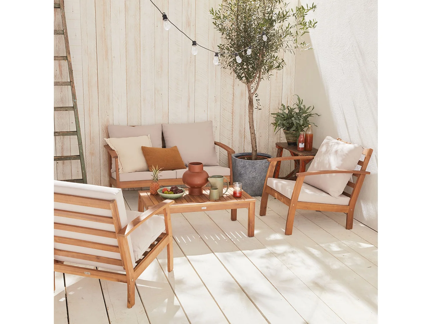 Salotto da giardino in legno, 4 posti, marrone naturale