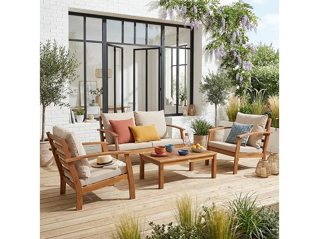 Salotto da giardino in legno, 4 posti, marrone naturale