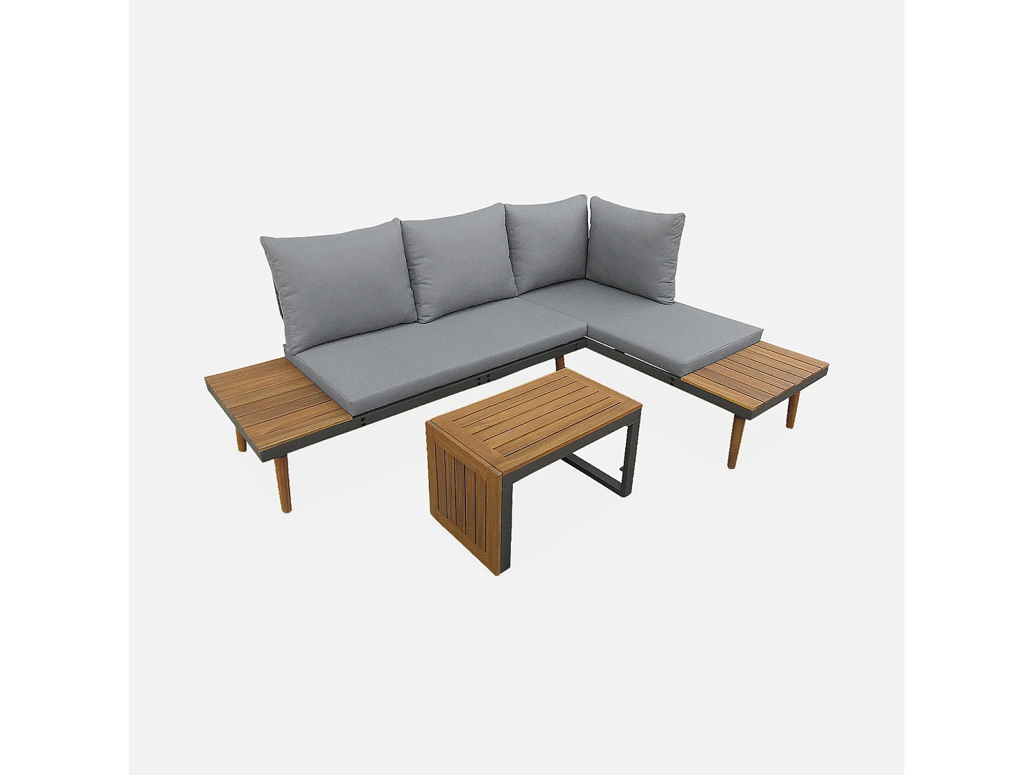 Salon de jardin anthracite et gris  modulable en aluminium et bois d'acacia. 4 places. Sao Paulo. 140 x 68 x 65cm