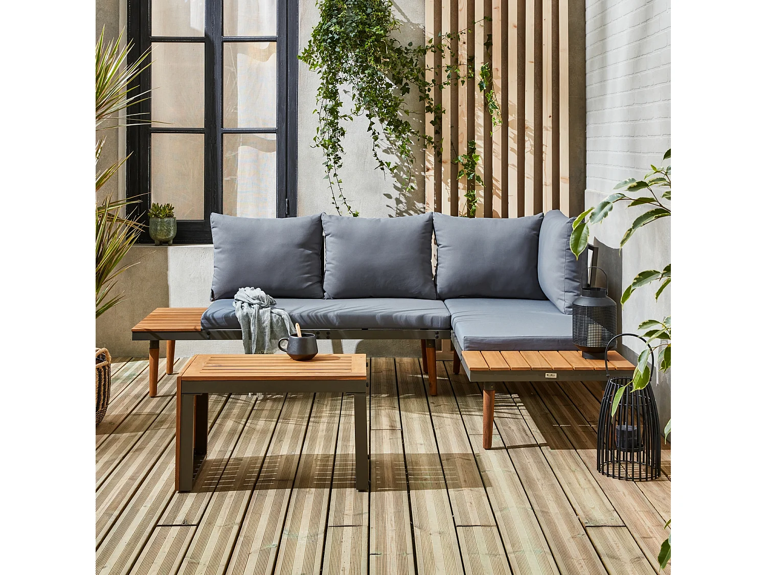 Salon de jardin anthracite et gris  modulable en aluminium et bois d'acacia. 4 places. Sao Paulo. 140 x 68 x 65cm