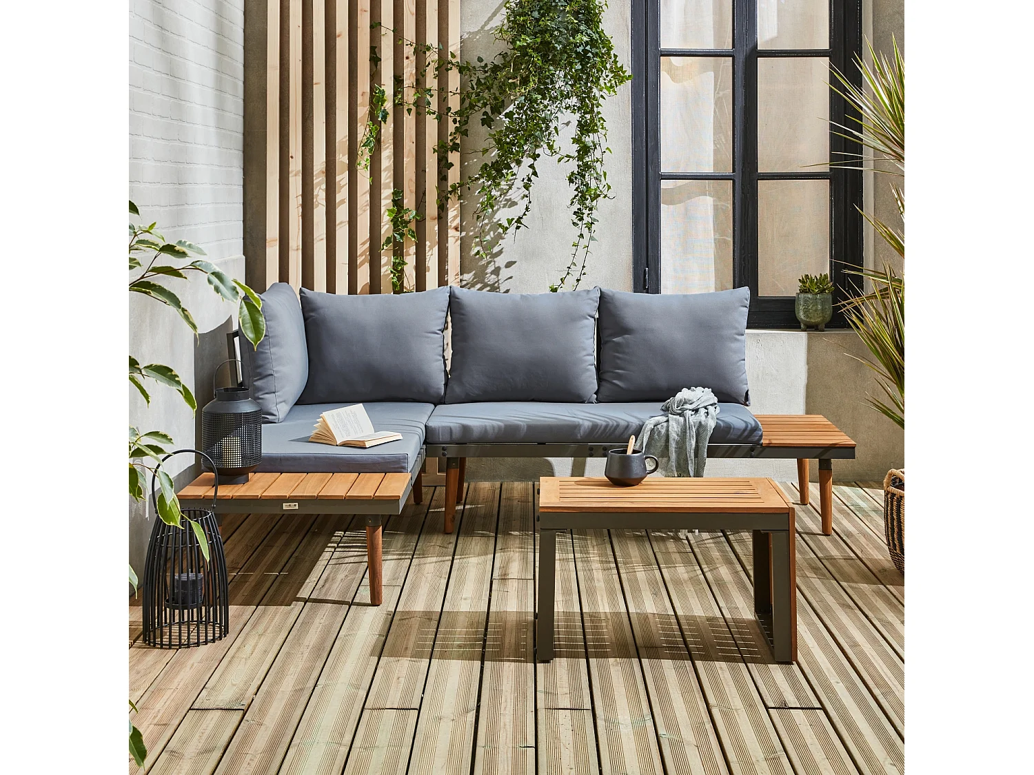 Conjunto de jardín en aluminio y en madera de acacia, 4 plazas