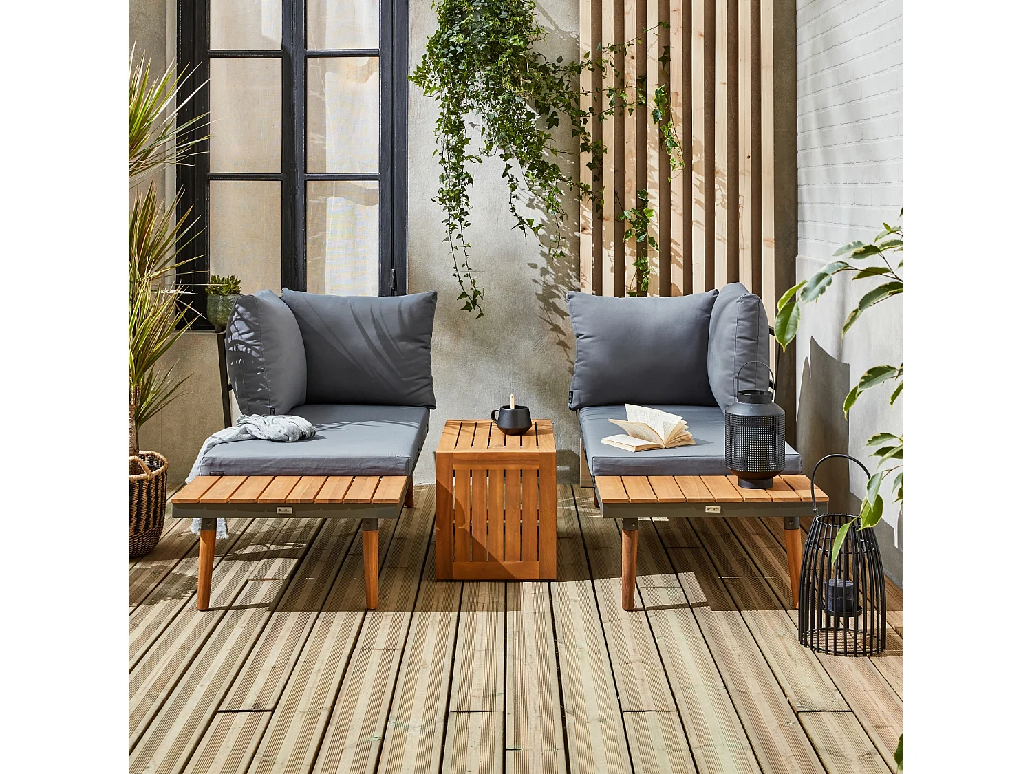 Conjunto de jardín en aluminio y en madera de acacia, 4 plazas