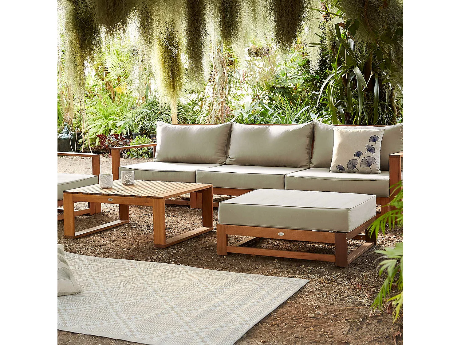 Salon de jardin en bois 5 places - Mendoza - Coussins beige. acacia. 6 éléments modulables. design