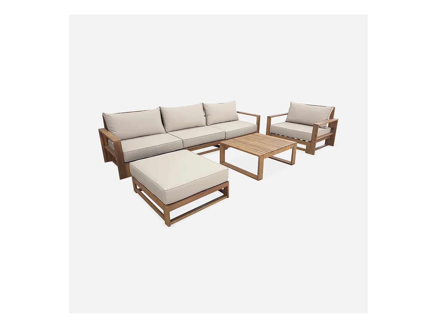 Salon de jardin en bois 5 places - Mendoza - Coussins beige. acacia. 6 éléments modulables. design
