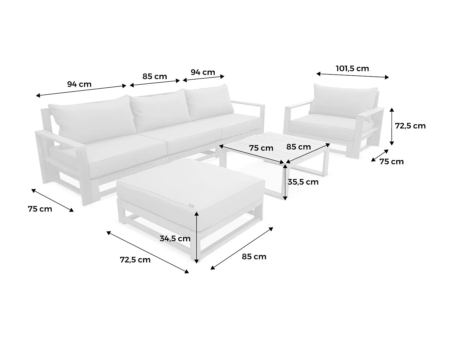 Conjunto de jardín en madera, 5 plazas