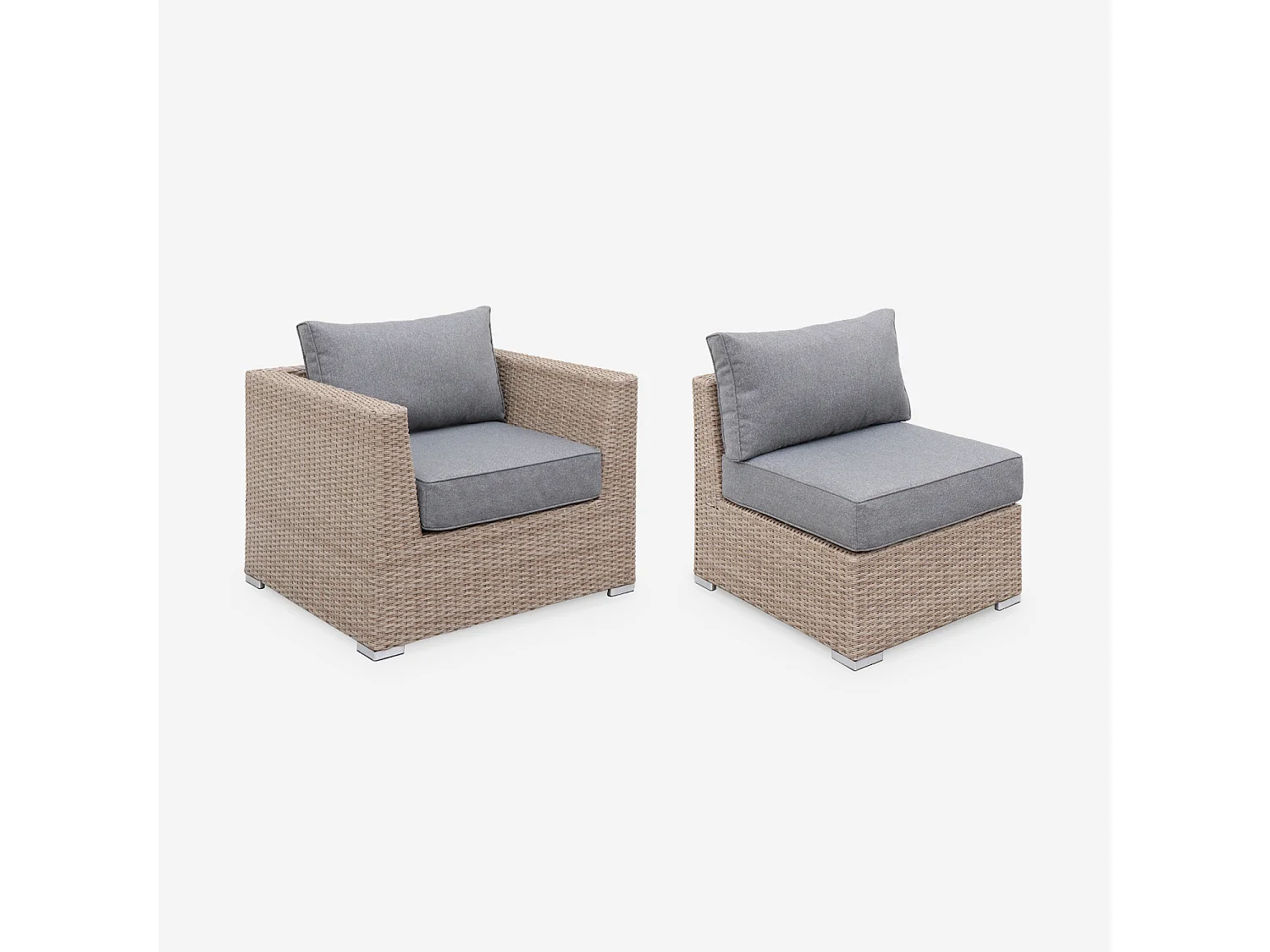 Salon de jardin Premium en résine tressée arrondie – VINCI – Résine naturelle style osier. coussins gris foncé – 5 places. haut de gamme