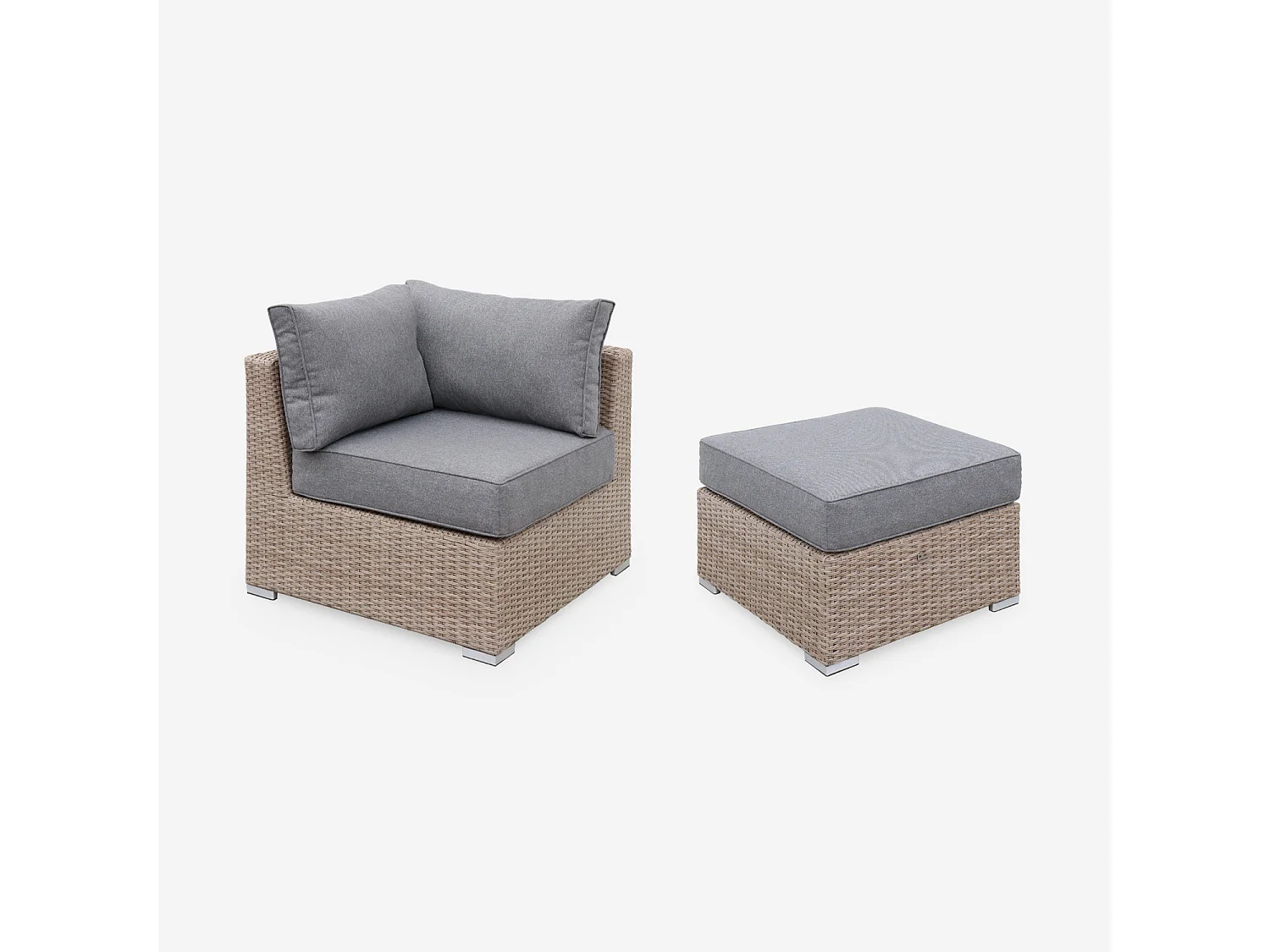 Salon de jardin Premium en résine tressée arrondie – VINCI – Résine naturelle style osier. coussins gris foncé – 5 places. haut de gamme