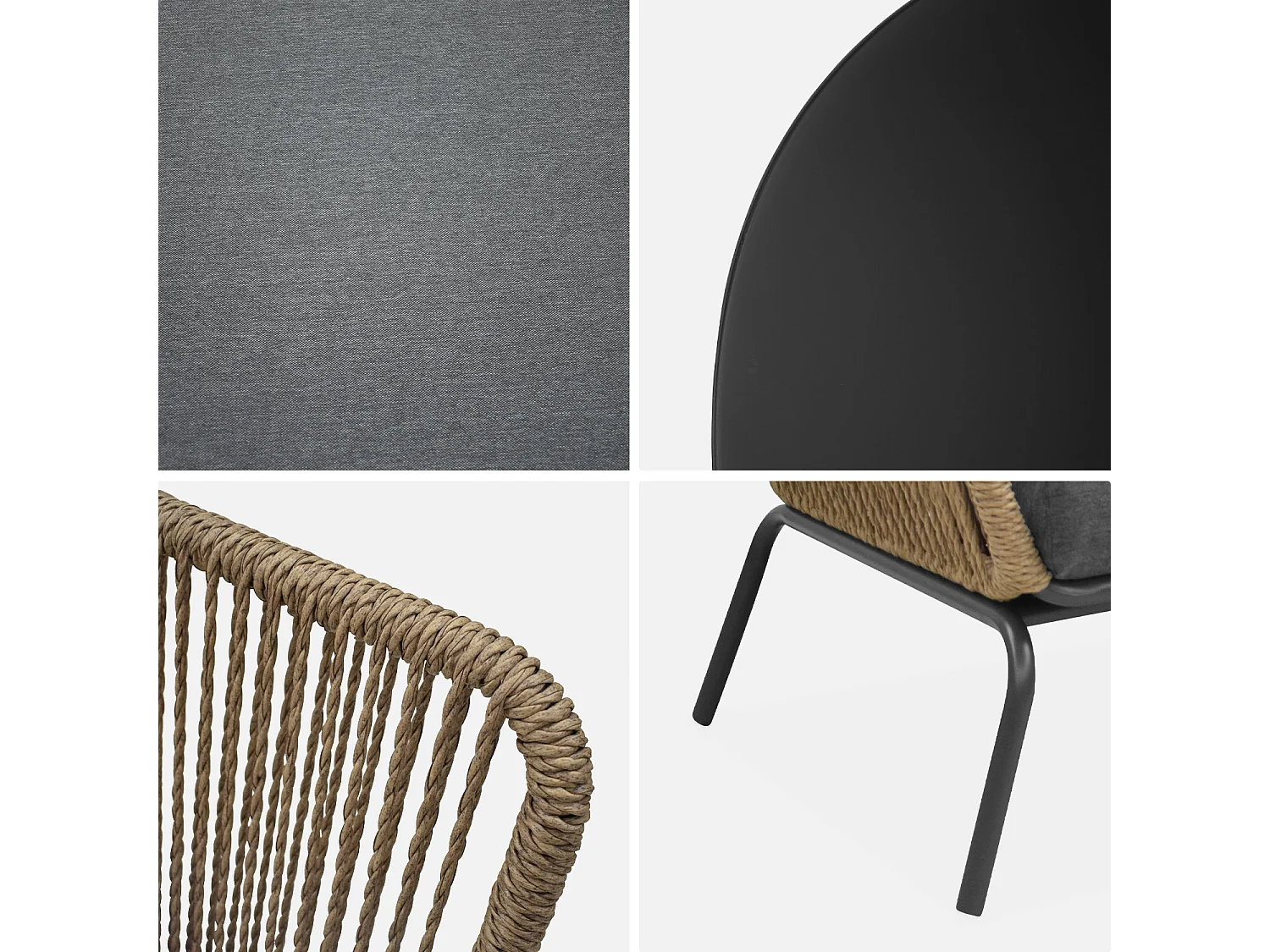 Salon de jardin bas. résine tressée effet corde. coussins anthracites 4 places