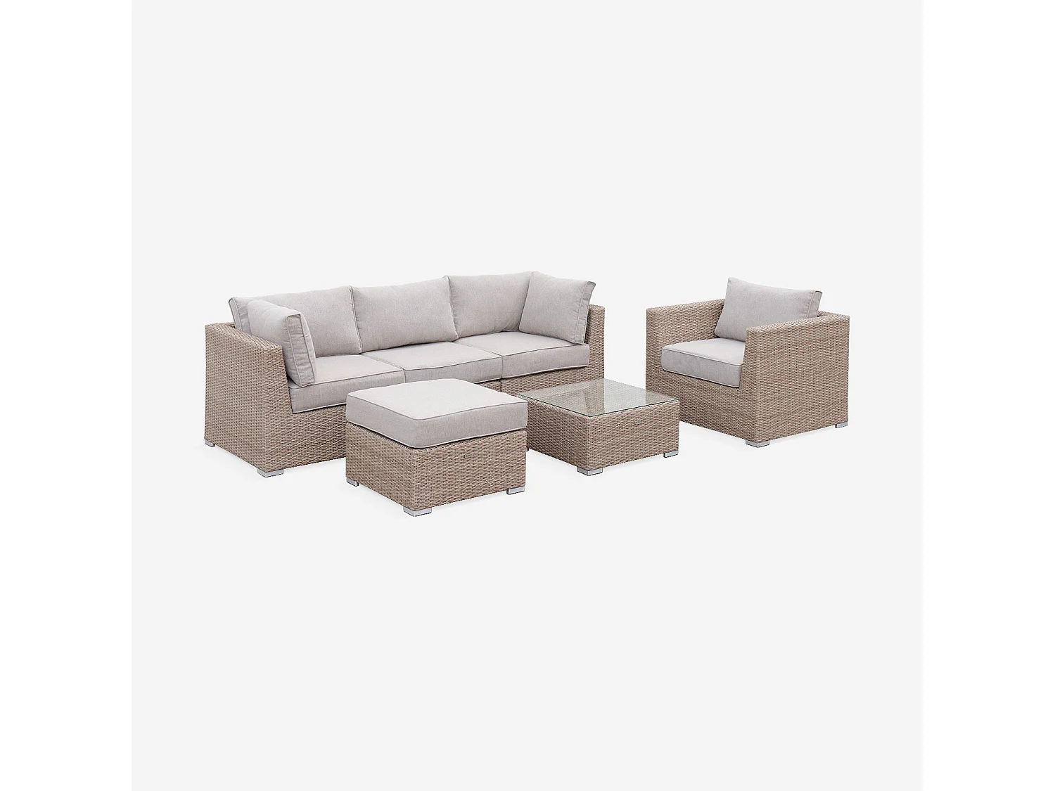 Salon de jardin Premium en résine tressée arrondie – VINCI – Résine naturelle style osier. coussins beiges – 5 places. haut de gamme