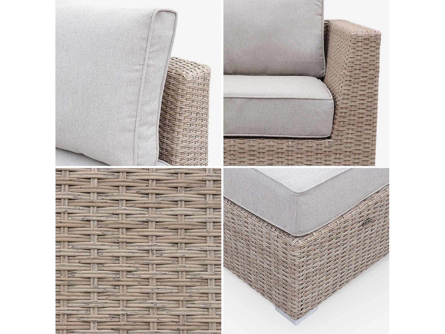 Salon de jardin Premium en résine tressée arrondie – VINCI – Résine naturelle style osier. coussins beiges – 5 places. haut de gamme