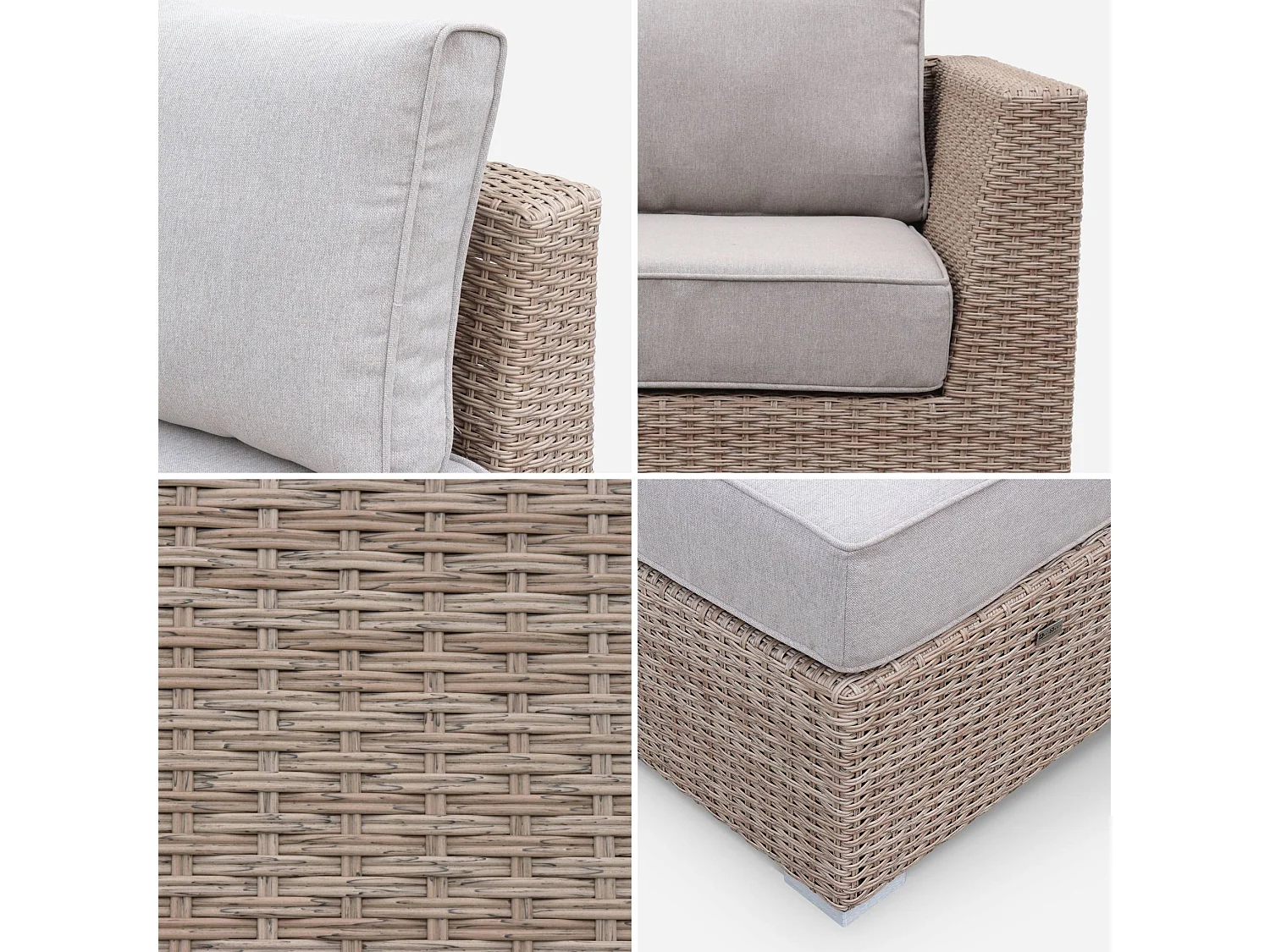 Salon de jardin Premium en résine tressée arrondie – VINCI – Résine naturelle style osier. coussins beiges – 5 places. haut de gamme