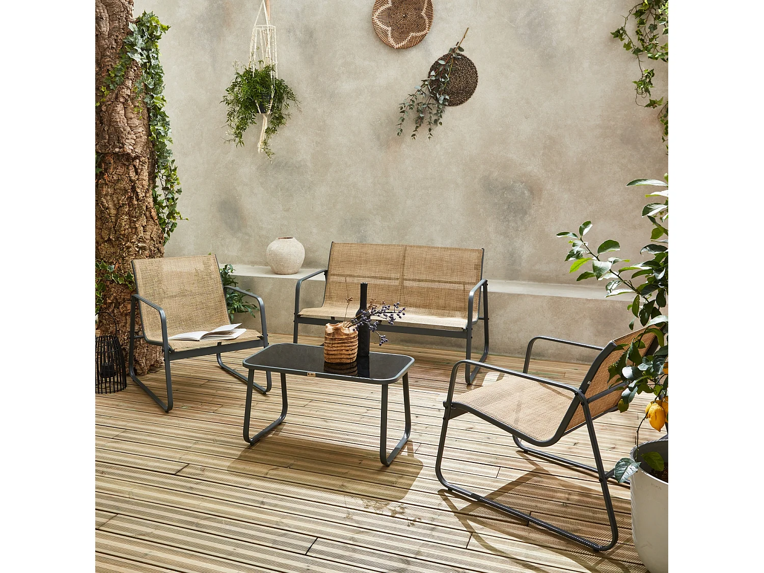 Salon de jardin en métal  et textilène pour 4 personnes. anthracite et naturel. design