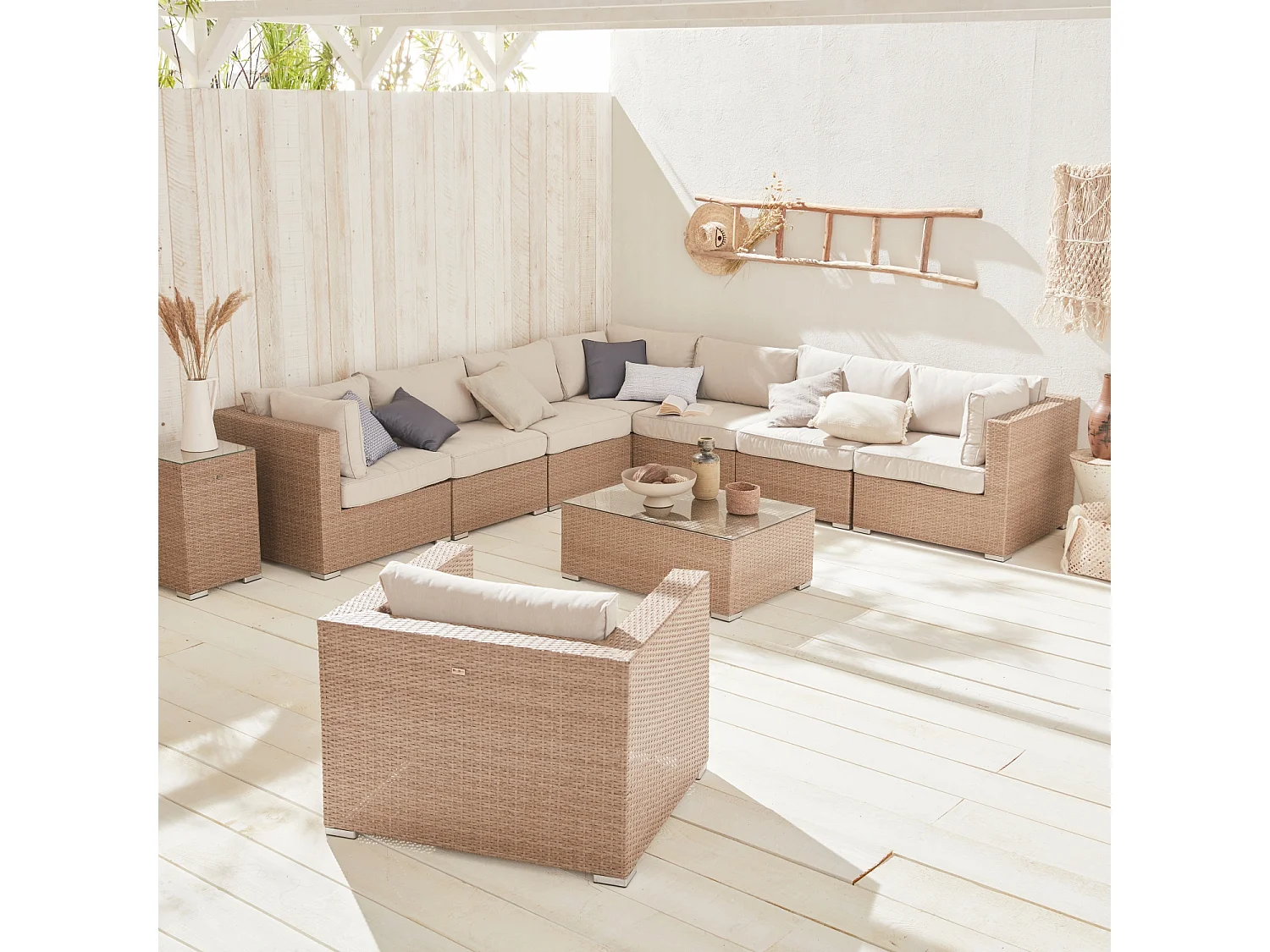 Conjunto de jardín de resina tejida, 8 a 10 plazas beige
