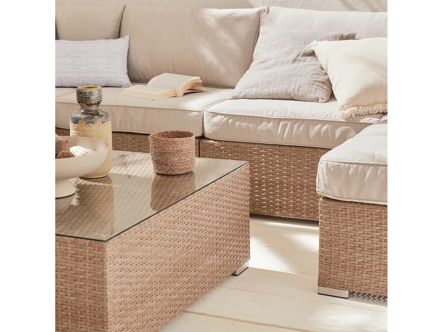 Conjunto de jardín de resina tejida, 8 a 10 plazas beige