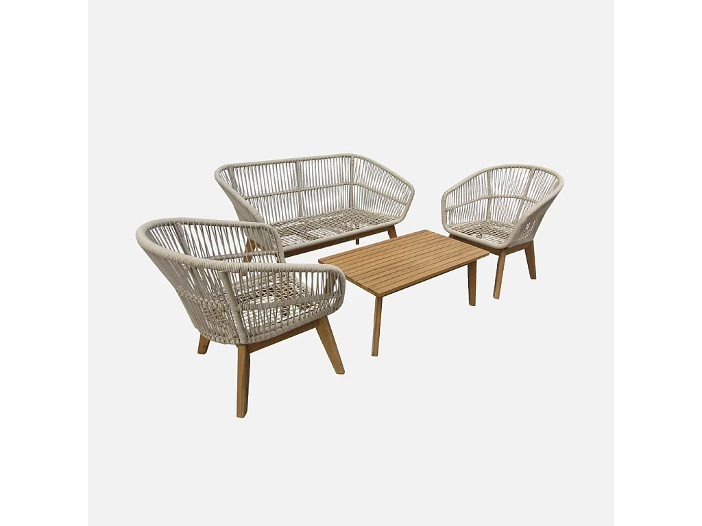 Salon de jardin 4 places – ROSARIO – en corde tressée. bois et aluminium. beige / coussins beiges