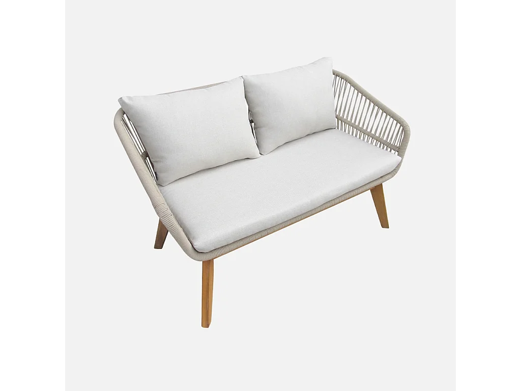 Salon de jardin 4 places – ROSARIO – en corde tressée. bois et aluminium. beige / coussins beiges