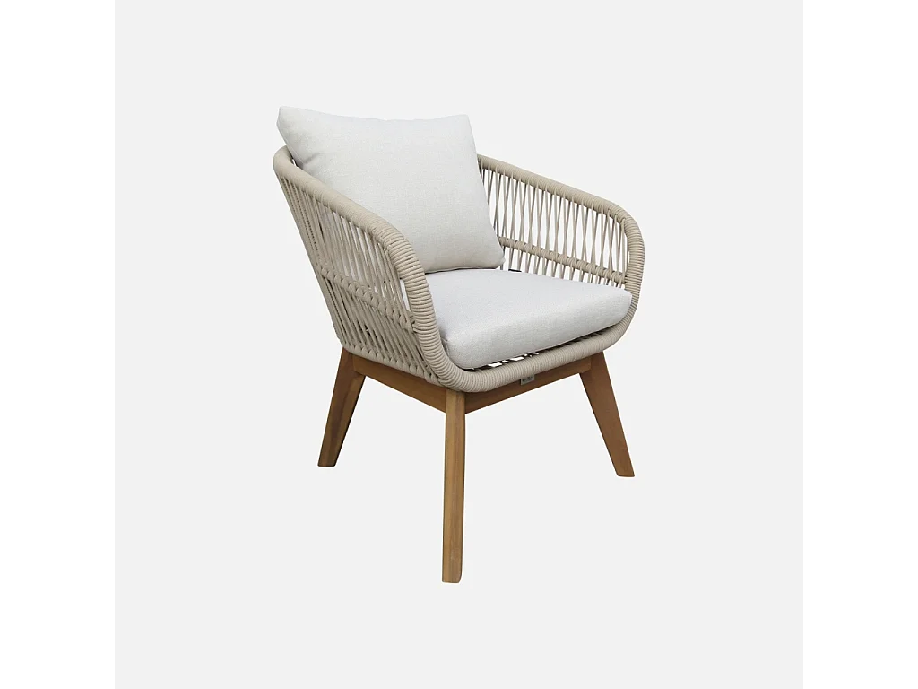 Salon de jardin 4 places – ROSARIO – en corde tressée. bois et aluminium. beige / coussins beiges