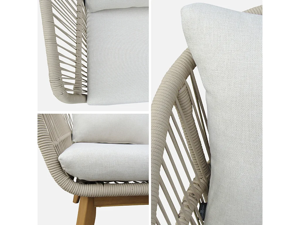 Salon de jardin 4 places – ROSARIO – en corde tressée. bois et aluminium. beige / coussins beiges