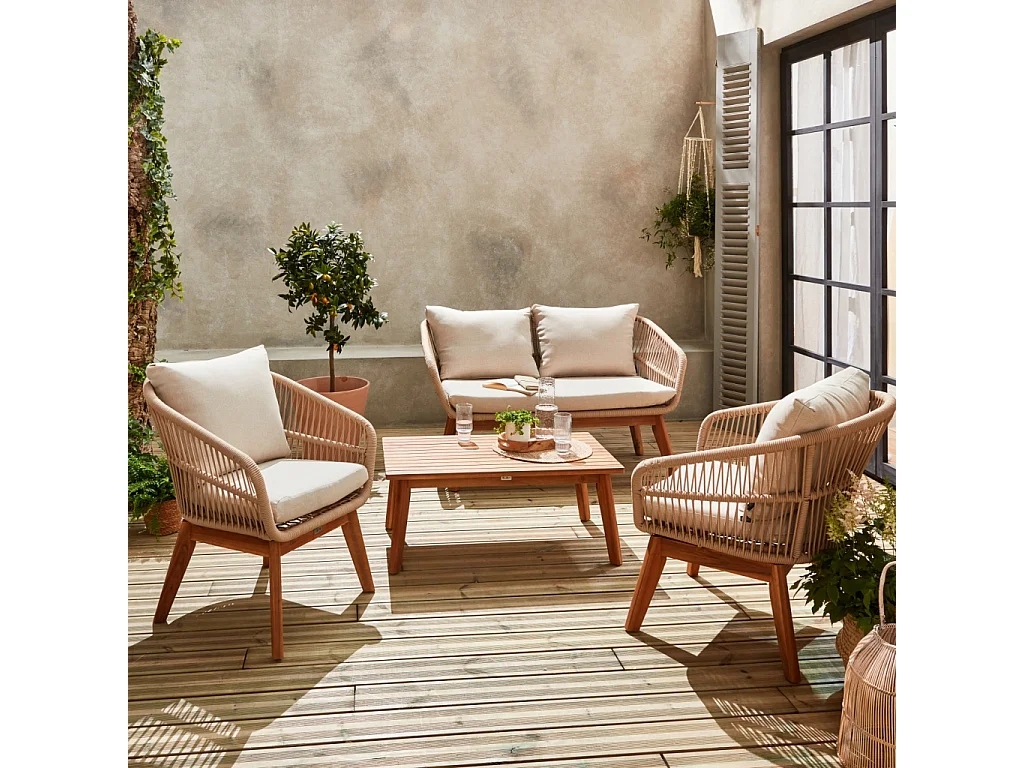 Salon de jardin 4 places – ROSARIO – en corde tressée. bois et aluminium. beige / coussins beiges
