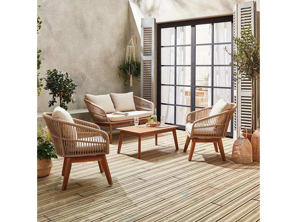 Salon de jardin 4 places – ROSARIO – en corde tressée. bois et aluminium. beige / coussins beiges