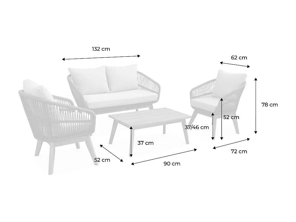 Salon de jardin 4 places – ROSARIO – en corde tressée. bois et aluminium. beige / coussins beiges