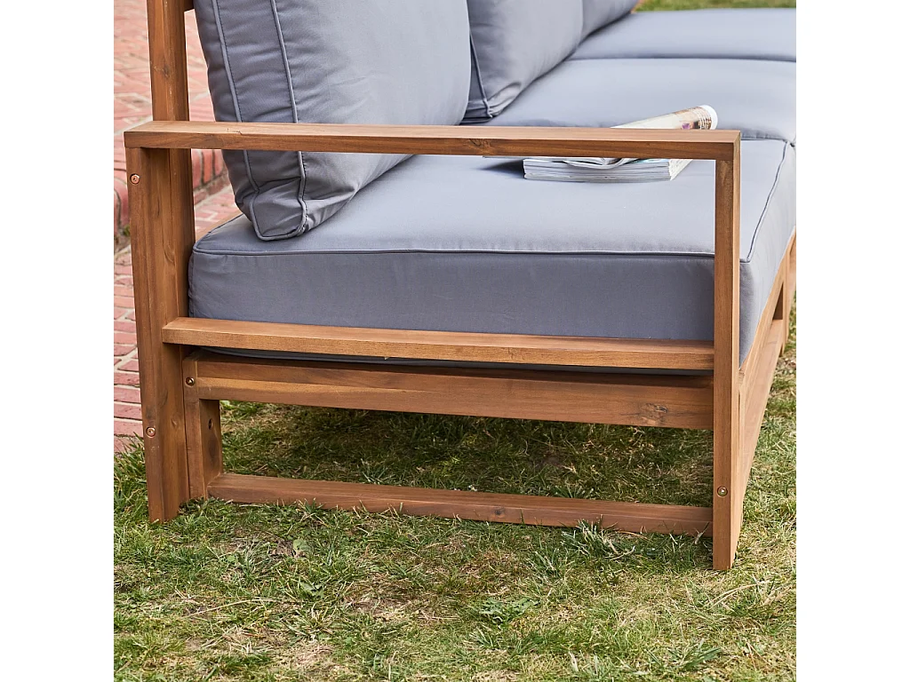 Salon de jardin en bois 5 places - Mendoza - Coussins gris. canapé. fauteuils et table basse en acacia. 6 éléments modulables. design