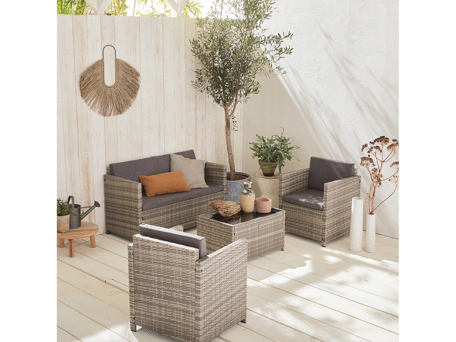 Conjunto de muebles de jardín de resina tejida, 4 plazas varios tonos