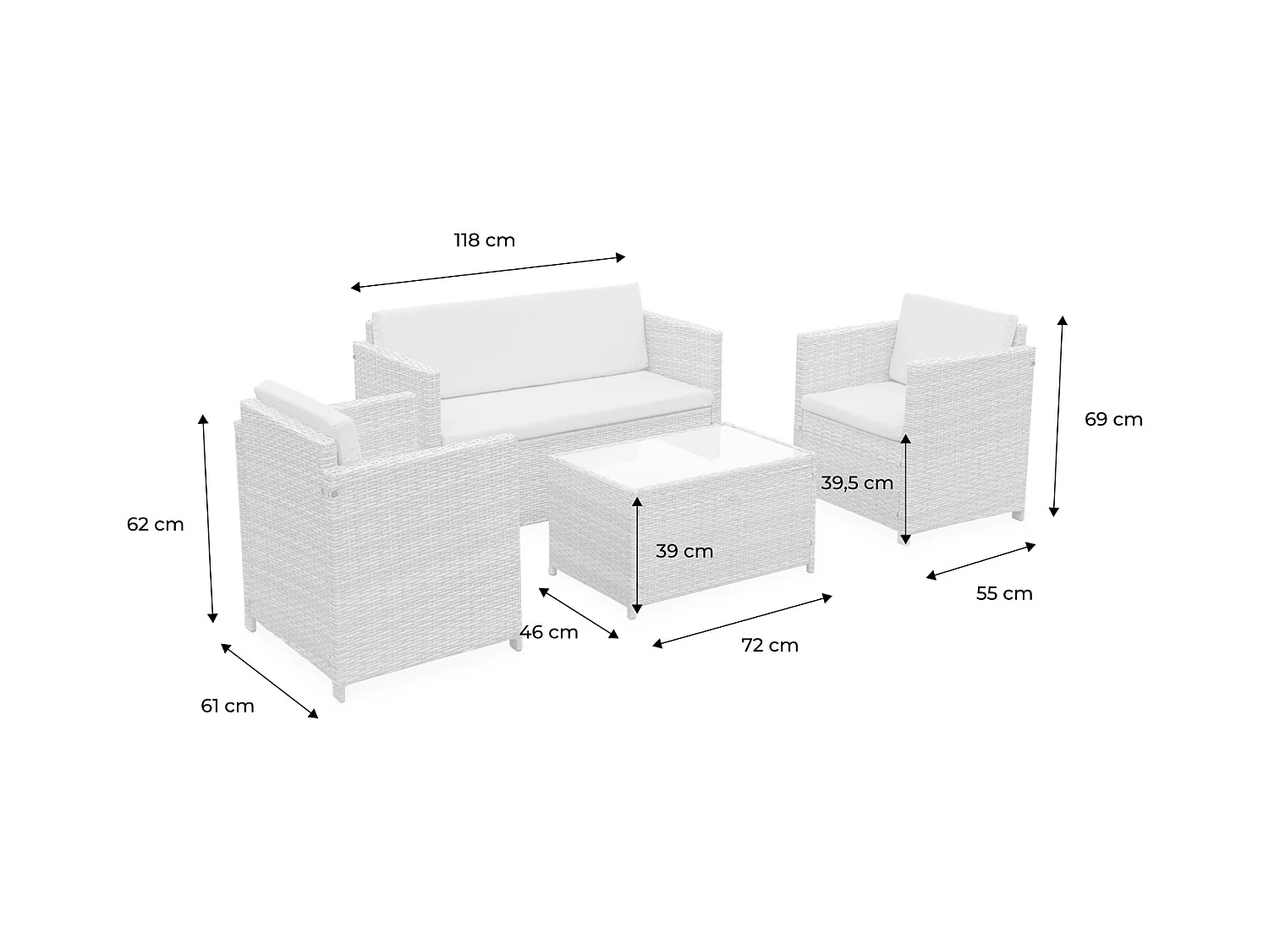 Conjunto de muebles de jardín de resina tejida, 4 plazas varios tonos