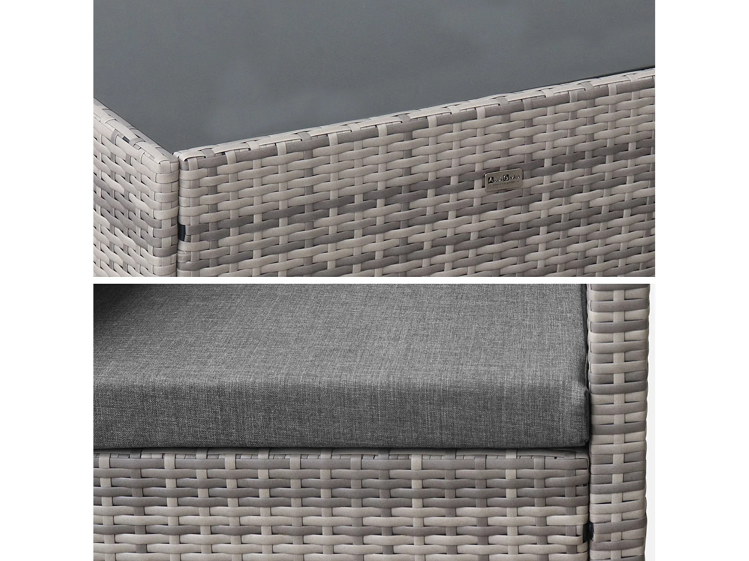 Salon de jardin en résine tressée - Perugia - Nuances de gris. Coussins gris - 4 places - 1 canapé. 2 fauteuils. une table basse