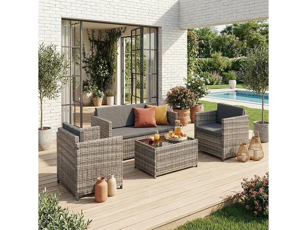Conjunto de jardín de resina tejida, 4 plazas varios tonos de grises